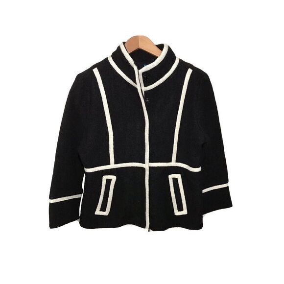 Boiled Wool Light Weight Blazer Jacket Population‎ Small Piped Black Minimalist - Picture 1 of 7